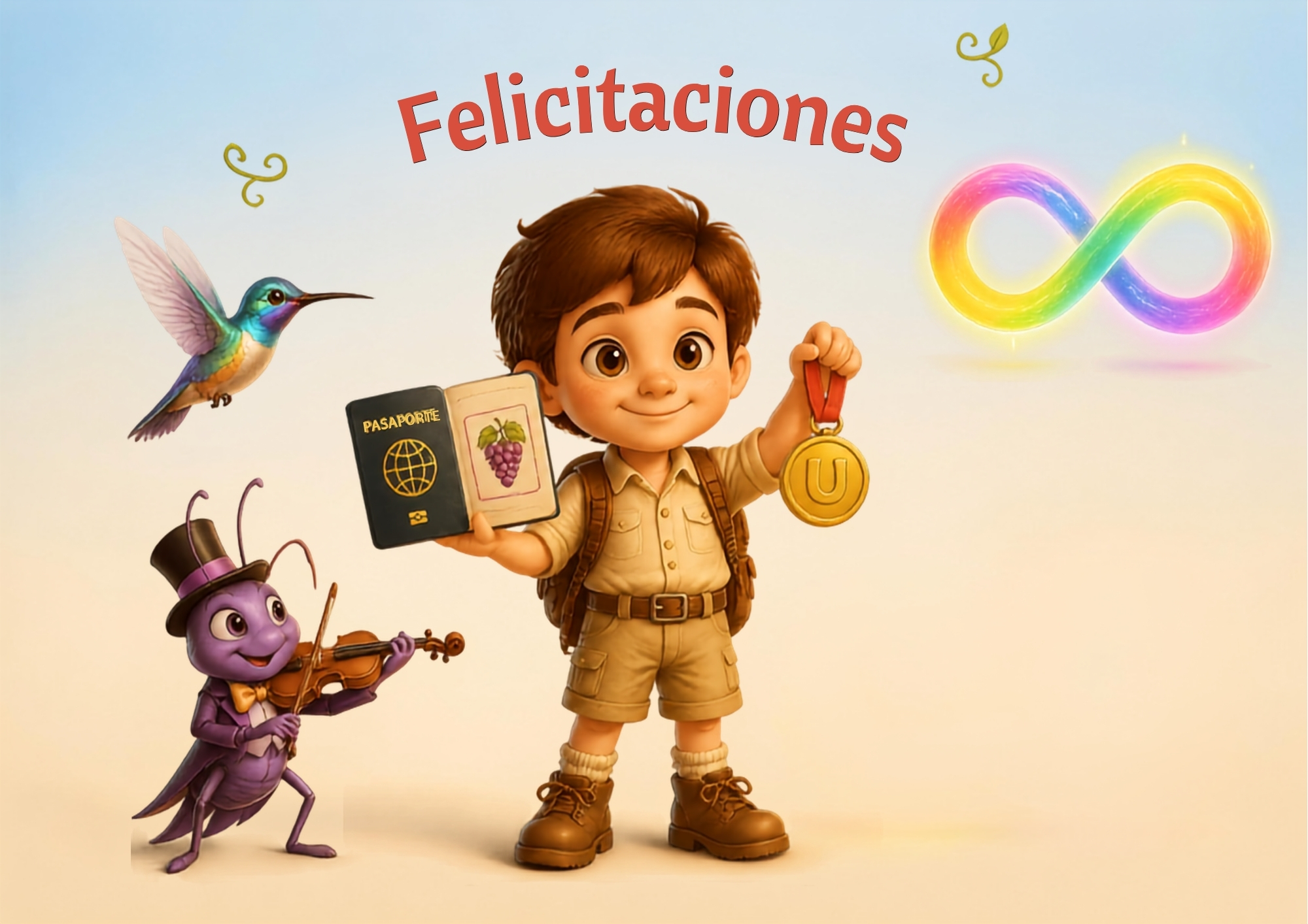 Leo celebra con su Pasaporte del Explorador y su medalla, junto al Grillo Músico, el Colibrí y el Consejero Infinito