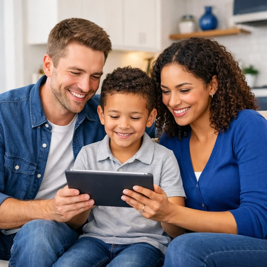Familia compartiendo una misión de Leo Aventurero alrededor de una tablet