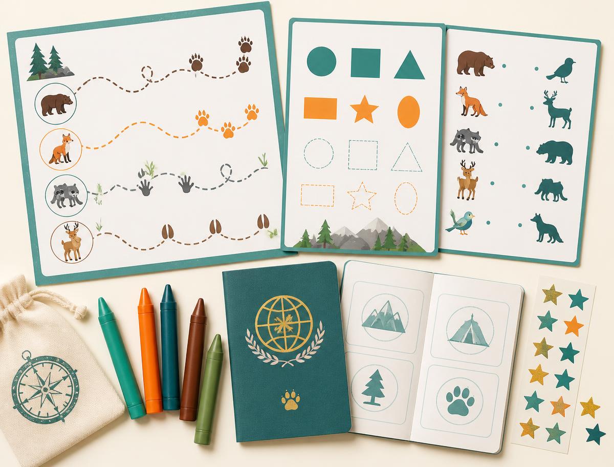 Materiales imprimibles del Kit 1 de Leo Aventurero con crayones y Pasaporte del Explorador
